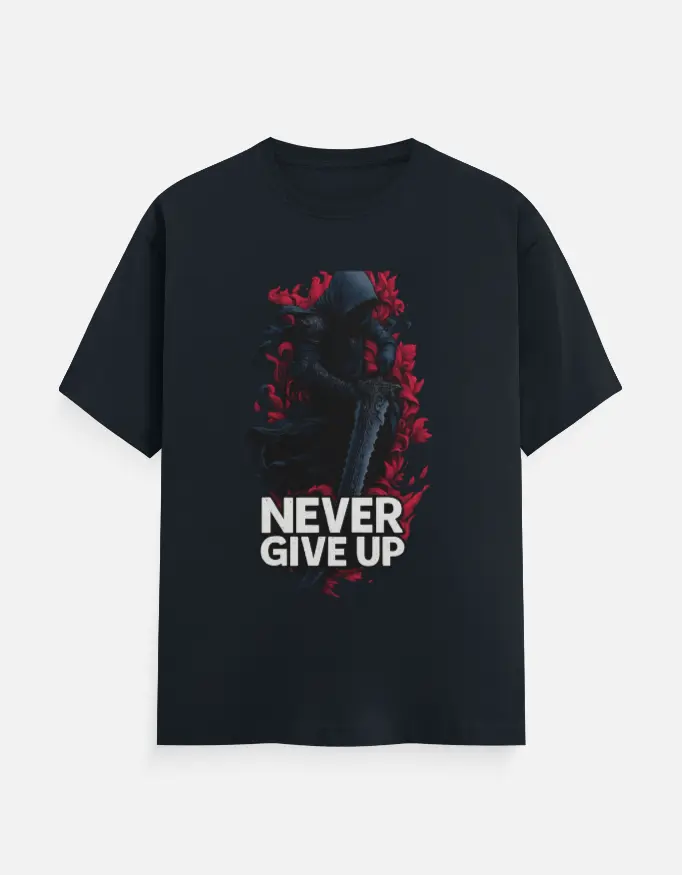 Never Give Up – Dark Warrior Motivational T-Shirt